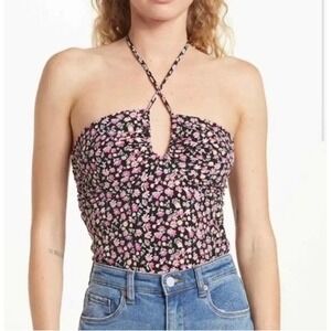 Wayf Womens Ditsy Floral Plunging Halter Bustier Thong Bodysuit Size S